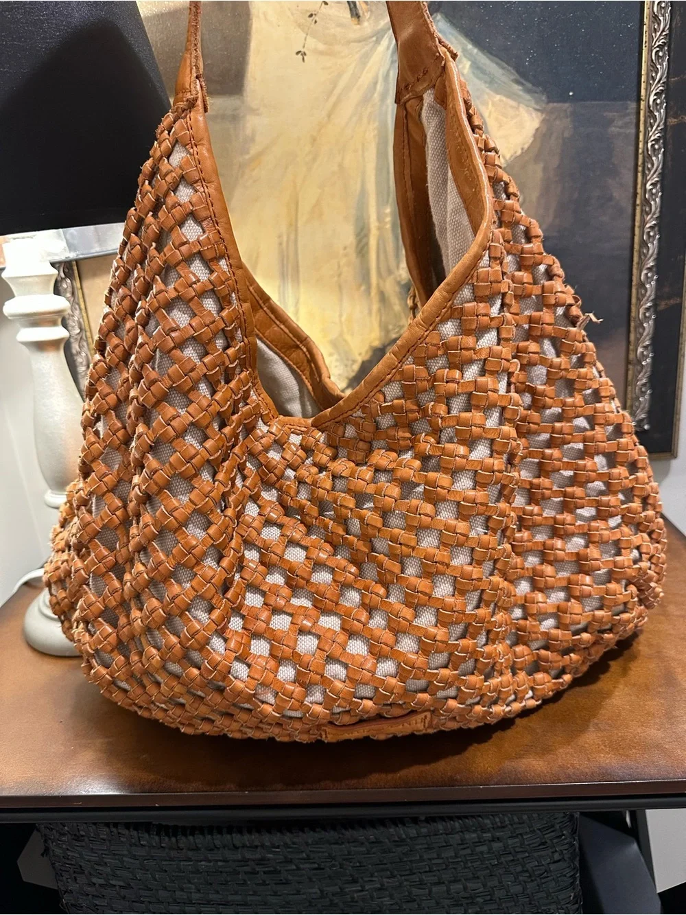 Marta Ponti Woven Quiet Luxury Bag Woven Leather Hobo Bag in Cognac